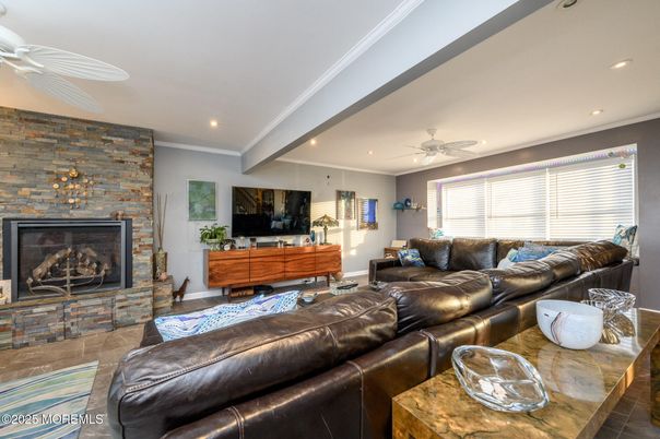 Fireplace, Interior, Living room, Recessed Lighting, Stone Walls