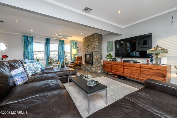 Fireplace, Interior, Living room, Recessed Lighting, Stone Walls