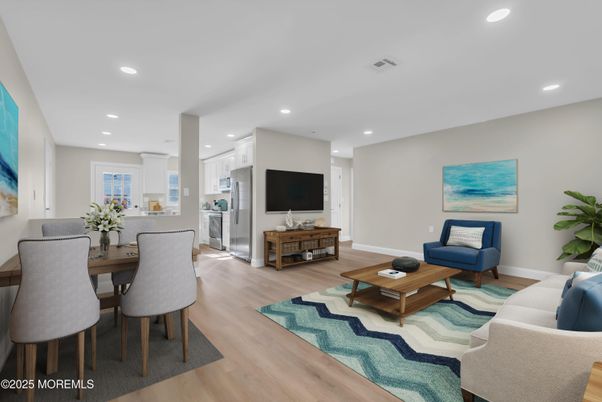 Dining room, Interior, Living room, Recessed Lighting, Wood Texture Flooring