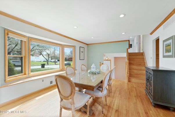 Dining room, Interior, Recessed Lighting, Wood Texture Flooring