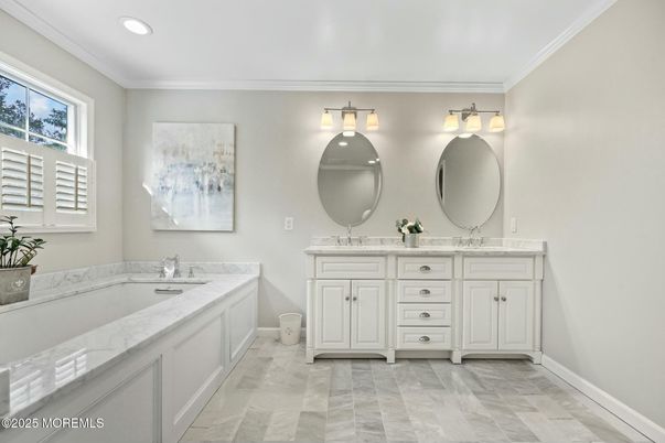 Bathroom, Dual Sink Vanities, Interior, Marble, Recessed Lighting
