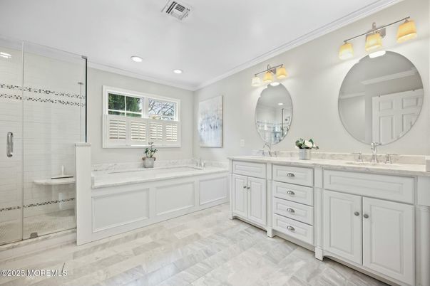 Bathroom, Dual Sink Vanities, Glass Shower, Interior, Recessed Lighting