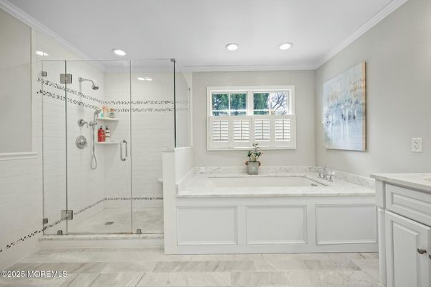 Bathroom, Dual Sink Vanities, Glass Shower, Interior, Marble, Recessed Lighting