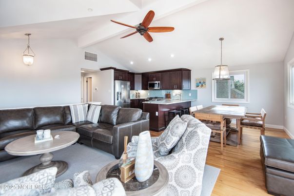 Dining room, Interior, Kitchen, Living room, Pendant Lights, Stainless Steel Appliances, Wood Texture Flooring