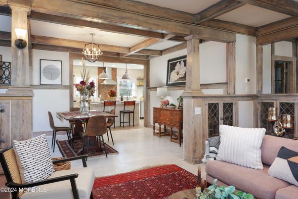 Chandelier, Dining room, Fireplace, Interior, Living room, Pendant Lights, Wooden Beams