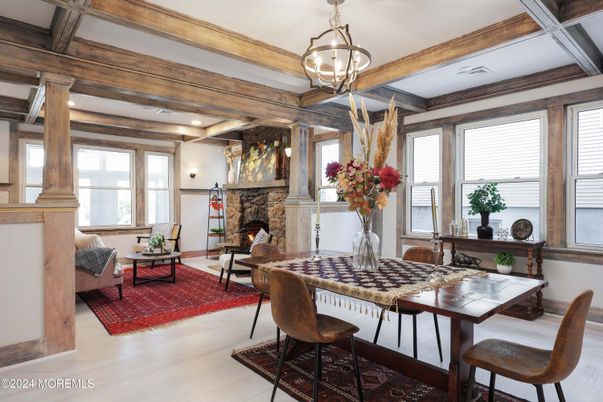 Dining room, Fireplace, Interior, Living room, Recessed Lighting, Wooden Beams, Wood Texture Flooring