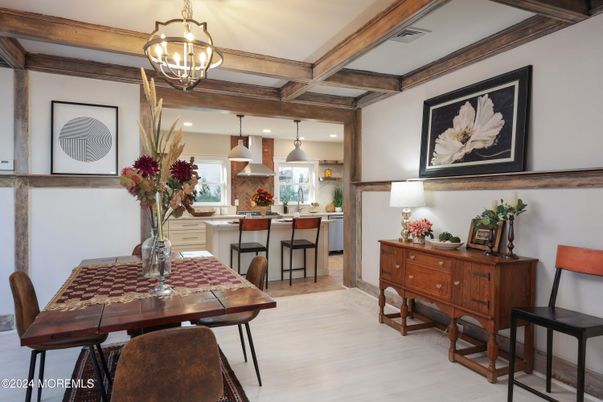 Dining room, Interior, Kitchen, Pendant Lights, Recessed Lighting, Wooden Beams, Wood Texture Flooring