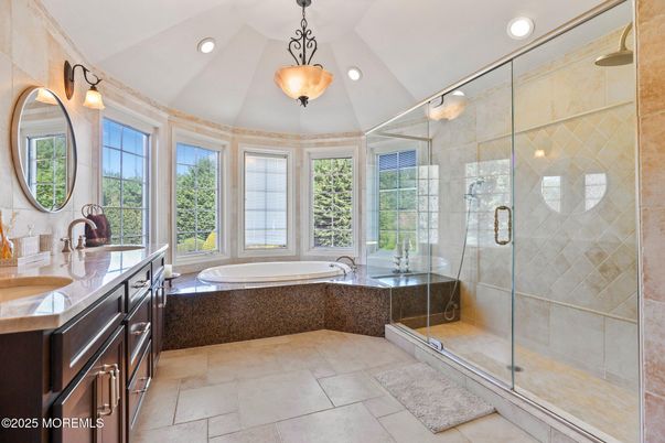 Bathroom, Dual Sink Vanities, Glass Shower, Interior, Pendant Lights, Recessed Lighting