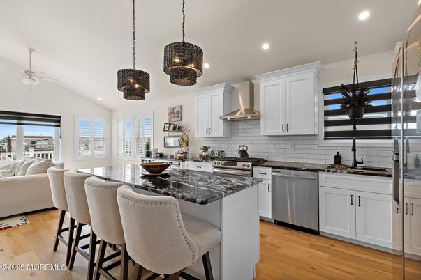 Interior, Kitchen, Living room, Pendant Lights, Recessed Lighting, Stainless Steel Appliances, Wood Texture Flooring