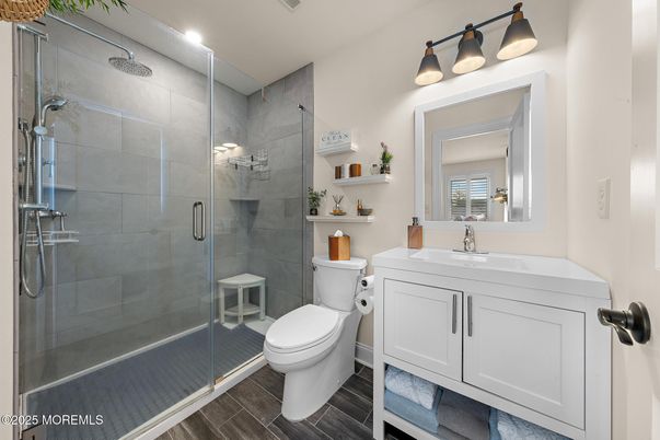 Bathroom, Glass Shower, Interior, Recessed Lighting, Wood Texture Flooring