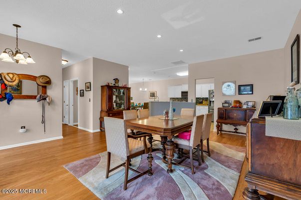 Chandelier, Dining room, Interior, Kitchen, Pendant Lights, Recessed Lighting, Wood Texture Flooring