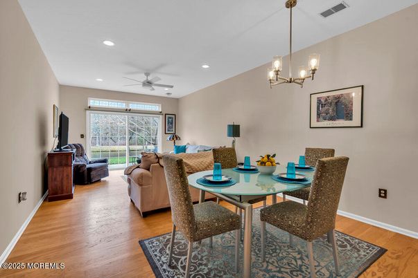Chandelier, Dining room, Interior, Living room, Recessed Lighting, Wood Texture Flooring