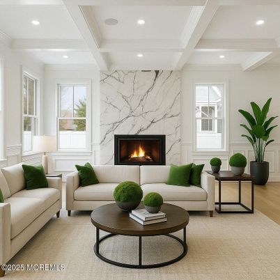 Fireplace, Interior, Living room, Marble Walls, Recessed Lighting, Wood Texture Flooring