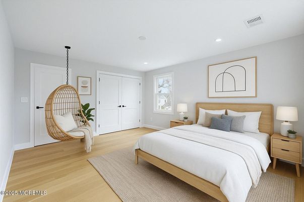 Bedroom, Interior, Pendant Lights, Recessed Lighting, Wood Texture Flooring