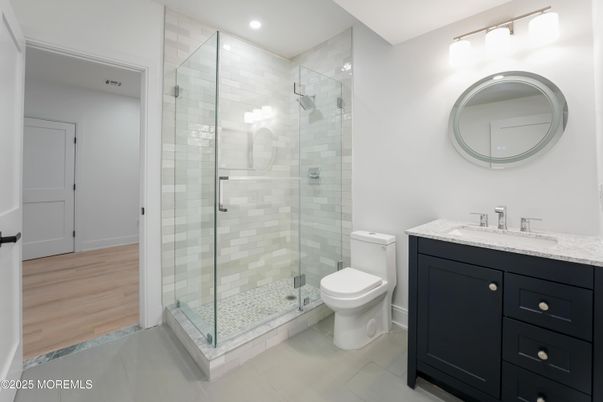 Bathroom, Glass Shower, Interior, Recessed Lighting, Wood Texture Flooring
