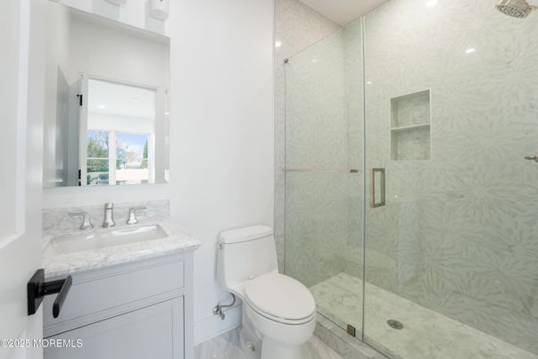 Bathroom, Glass Shower, Interior, Marble, Marble Walls, Recessed Lighting