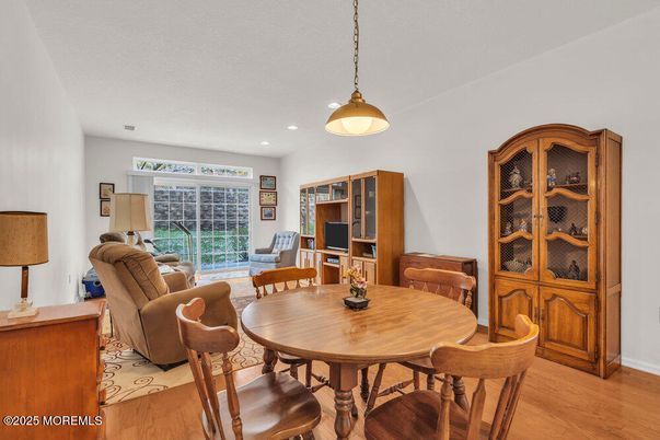 Dining room, Interior, Living room, Pendant Lights, Recessed Lighting, Wood Texture Flooring