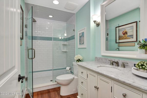 Bathroom, Glass Shower, Interior, Recessed Lighting, Wood Texture Flooring