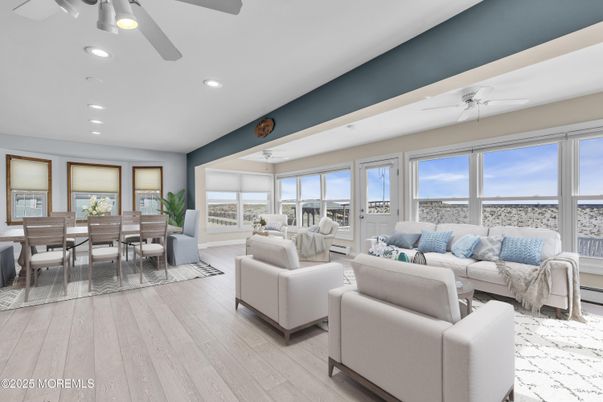 Dining room, Interior, Living room, Recessed Lighting, Wood Texture Flooring
