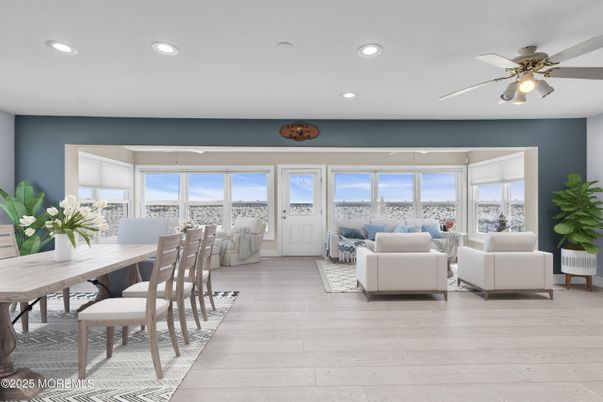 Dining room, Interior, Living room, Recessed Lighting, Wood Texture Flooring
