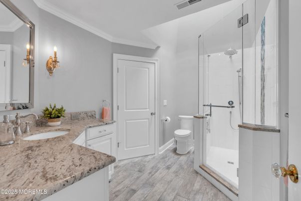 Bathroom, Dual Sink Vanities, Glass Shower, Interior, Wood Texture Flooring