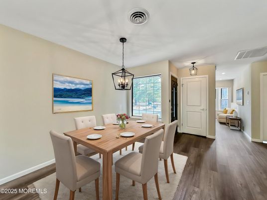 Dining room, Interior, Pendant Lights, Recessed Lighting, Wood Texture Flooring