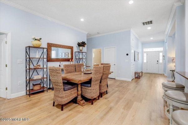 Dining room, Interior, Recessed Lighting, Wood Texture Flooring