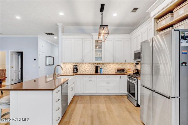 Interior, Kitchen, Pendant Lights, Recessed Lighting, Stainless Steel Appliances, Wood Texture Flooring