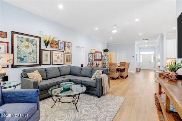Dining room, Interior, Living room, Recessed Lighting, Wood Texture Flooring