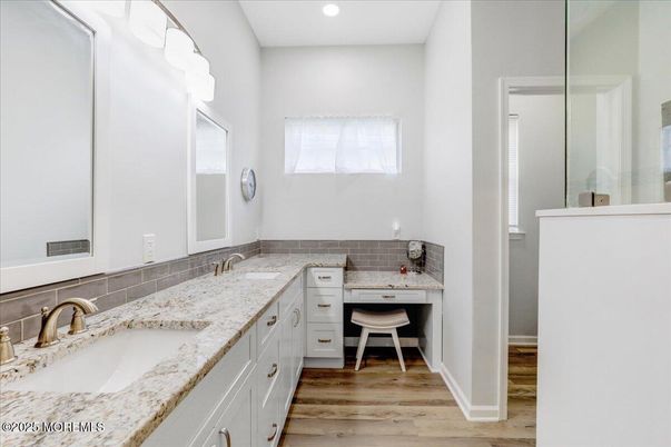 Bathroom, Dual Sink Vanities, Interior, Recessed Lighting, Wood Texture Flooring