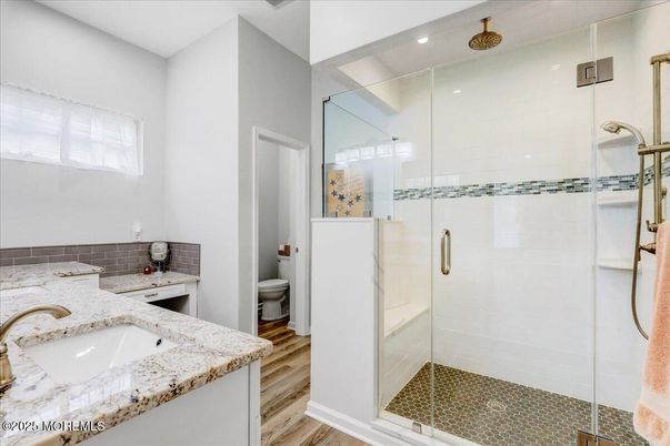 Bathroom, Glass Shower, Interior, Recessed Lighting, Wood Texture Flooring