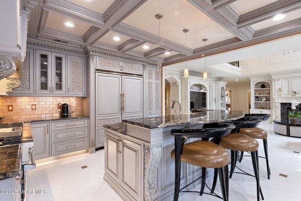 Fireplace, Interior, Kitchen, Pendant Lights, Recessed Lighting, Stainless Steel Appliances