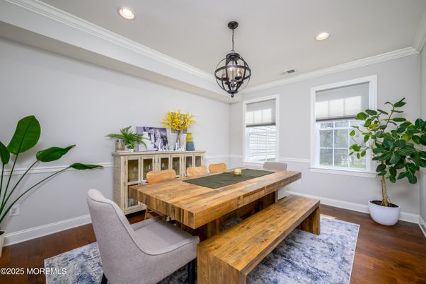 Dining room, Interior, Pendant Lights, Recessed Lighting, Wood Texture Flooring