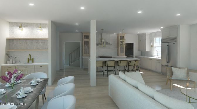 Dining room, Interior, Kitchen, Living room, Pendant Lights, Recessed Lighting, Stainless Steel Appliances, Wood Texture Flooring