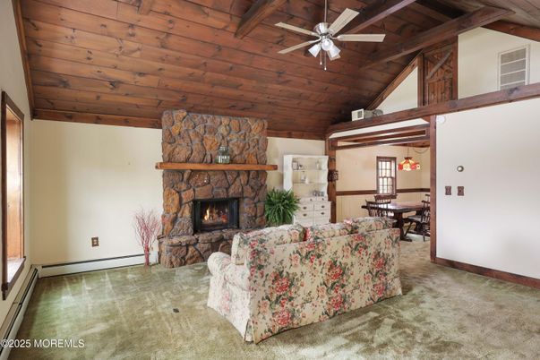Dining room, Fireplace, Interior, Living room, Pendant Lights, Wooden Beams, Wooden Ceilings