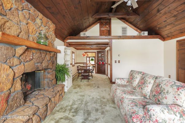 Dining room, Fireplace, Interior, Living room, Stone Walls, Wooden Beams, Wooden Ceilings
