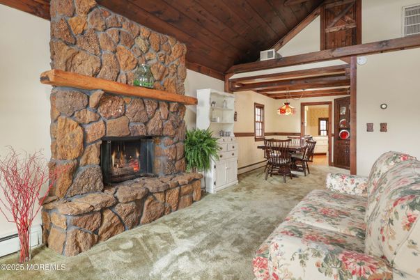 Dining room, Fireplace, Interior, Living room, Pendant Lights, Stone Walls, Wooden Beams, Wooden Ceilings