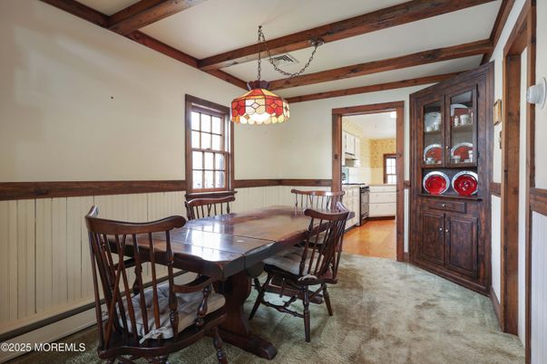 Dining room, Interior, Pendant Lights, Wooden Beams, Wood Texture Flooring