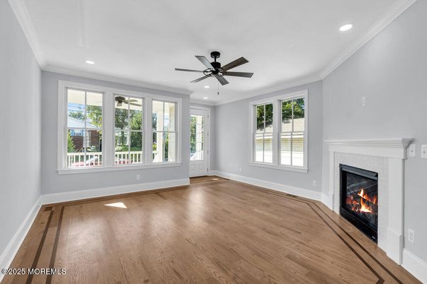 Empty room, Fireplace, Interior, Recessed Lighting, Wood Texture Flooring
