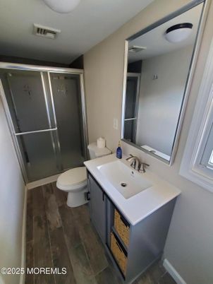 Bathroom, Glass Shower, Interior, Wood Texture Flooring