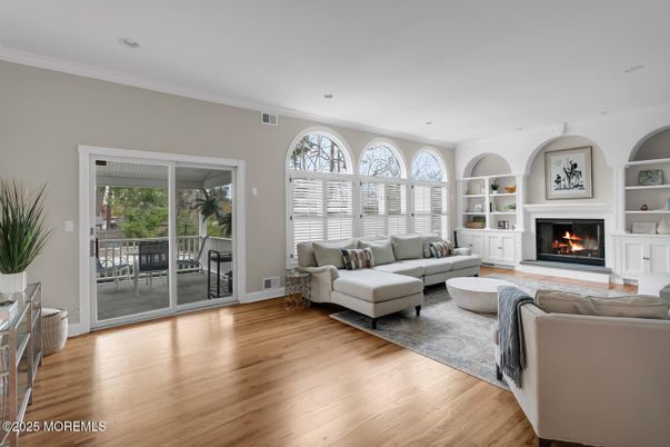 Fireplace, Interior, Living room, Recessed Lighting, Wood Texture Flooring
