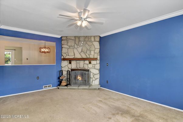 Empty room, Fireplace, Interior, Pendant Lights, Stone Walls