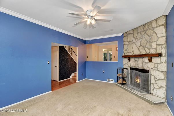 Empty room, Fireplace, Interior, Stone Walls, Wood Texture Flooring