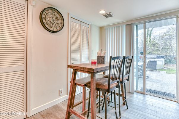 Dining room, Interior, Recessed Lighting, Wood Texture Flooring