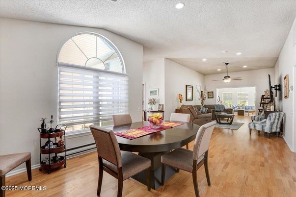 Dining room, Interior, Living room, Recessed Lighting, Wood Texture Flooring