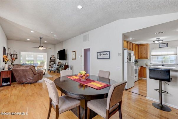 Dining room, Interior, Kitchen, Living room, Recessed Lighting, Wood Texture Flooring
