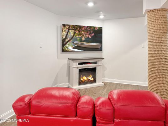 Fireplace, Interior, Recessed Lighting, Wood Texture Flooring