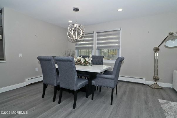 Dining room, Interior, Pendant Lights, Recessed Lighting, Wood Texture Flooring