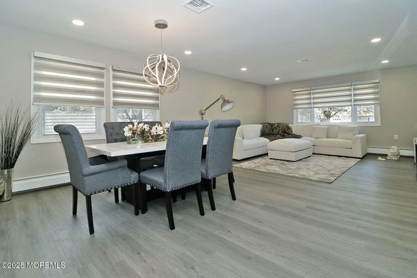 Chandelier, Dining room, Interior, Living room, Pendant Lights, Recessed Lighting, Wood Texture Flooring