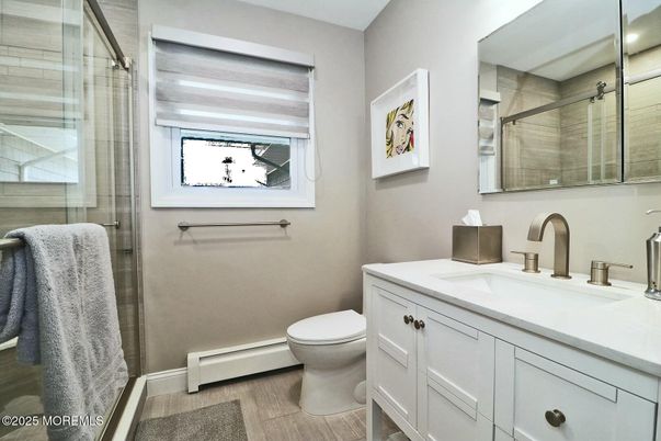 Bathroom, Glass Shower, Interior, Wood Texture Flooring